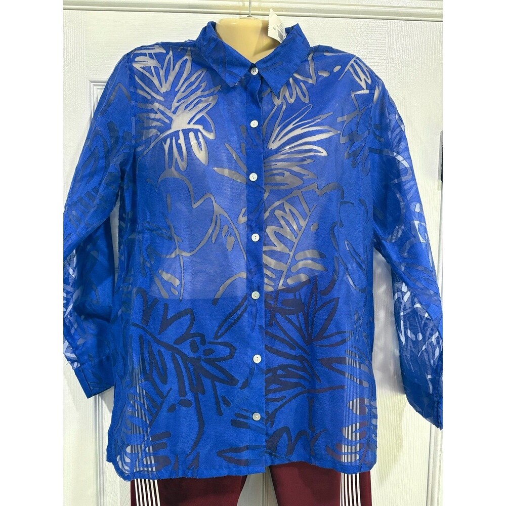 Chico's Size 0 Ethereal Tropic Lexington Blue Sheer Burnout Floral Shirt NWT
